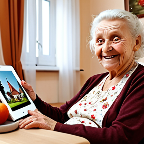 Home 11 **
"A warm, inviting scene. An elderly woman in her comfortable Polish home, smiling as she video calls her grandchildren on a simple, user-friendly tablet. The setting is bright and cheerful, with traditional Polish decorations in the background. Emphasis on ease of use and connection. Age-Tech marketing concept. Warm, empathetic lighting."
**