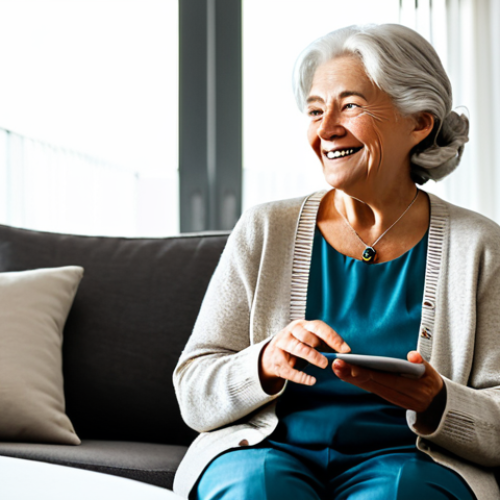 Home 6 An elderly woman, fully clothed in a modest, comfortable cardigan and neat trousers, is sitting in a well-lit, modern living room. She looks at ease and content, gently smiling towards a sleek voice assistant device on a side table. The room features clean, simple decor with subtle smart home elements like ambient lighting. This image conveys a sense of comfort and independence through technology. Professional photography, high detail, perfect anatomy, correct proportions, natural pose, well-formed hands, proper finger count, safe for work, appropriate content, fully clothed, family-friendly, crisp focus.