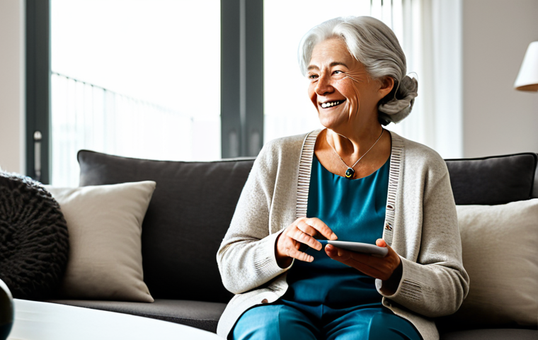 An elderly woman, fully clothed in a modest, comfortable cardigan and neat trousers, is sitting in a well-lit, modern living room. She looks at ease and content, gently smiling towards a sleek voice assistant device on a side table. The room features clean, simple decor with subtle smart home elements like ambient lighting. This image conveys a sense of comfort and independence through technology. Professional photography, high detail, perfect anatomy, correct proportions, natural pose, well-formed hands, proper finger count, safe for work, appropriate content, fully clothed, family-friendly, crisp focus.